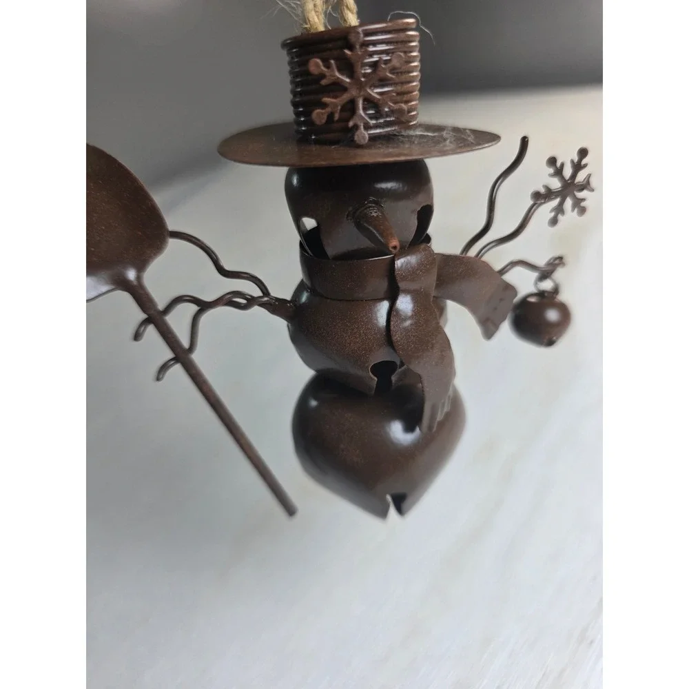Rustic Brown Metal Snowman Jingle Bell Ornament Primitive Cottagecore Holiday